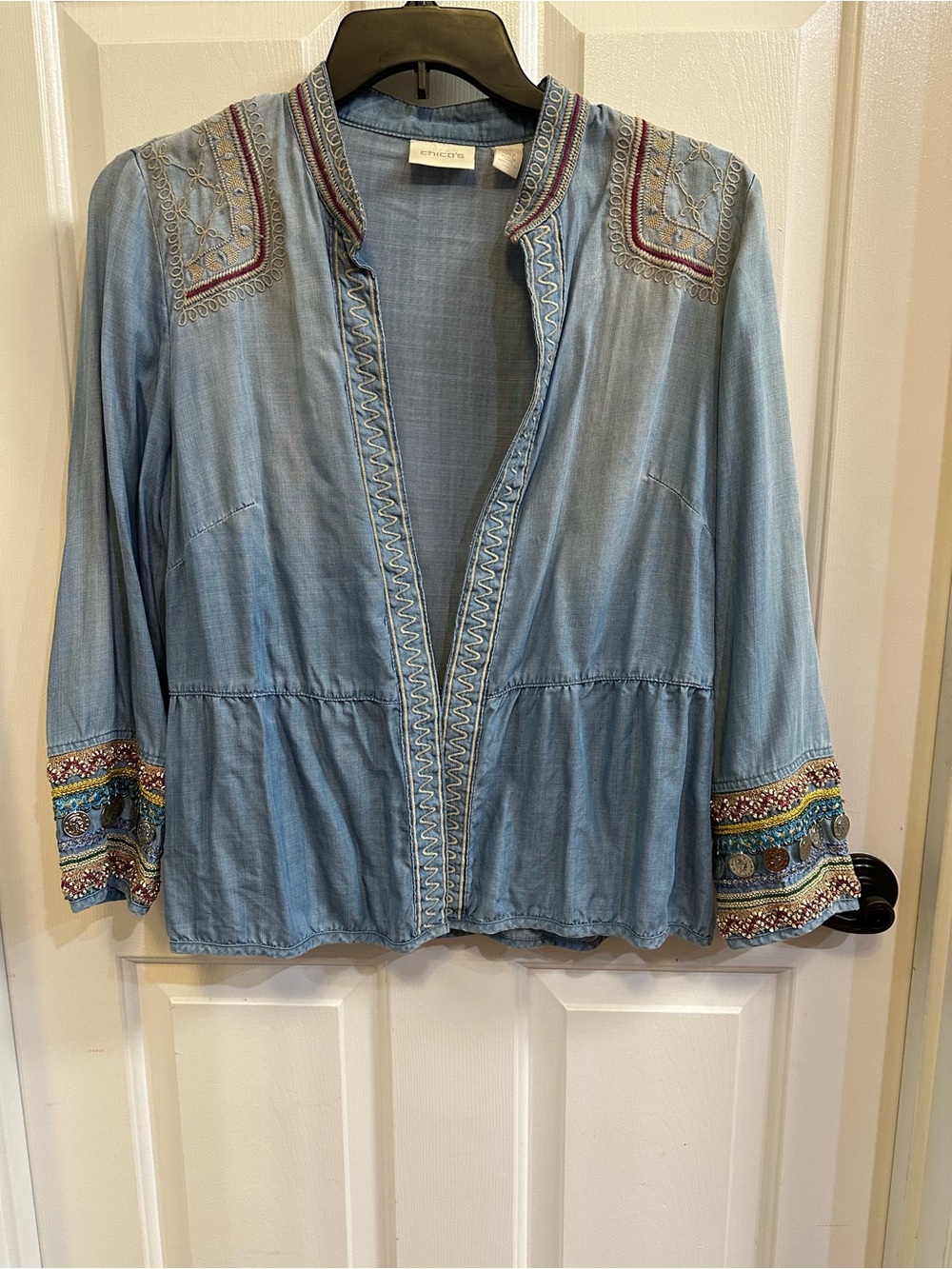 Chicos Light Blue Embroidered Open Front Women's Top with Coin details